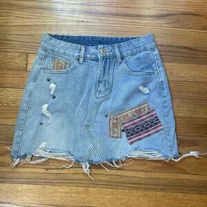 Cider Patchwork Cropped Denim Skirt